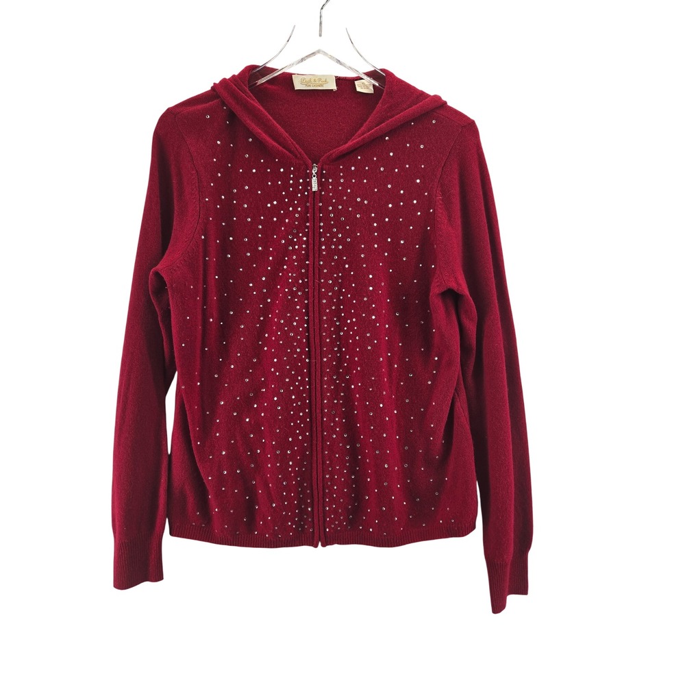 Peck & Peck Red 100% Cashmere Rhinestone Zip Up Hoodie Sweater Womens XL Y2K